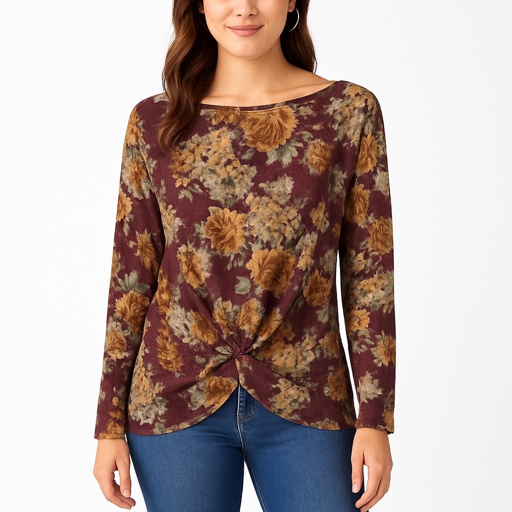 My Story Knot Twist Boat Drape Neckline Purple Floral Boutique Knit Top Small